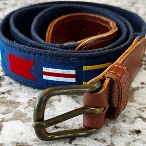 Preston Navy Code Flag Belt with Brown Leather Trim and Brass Buckle